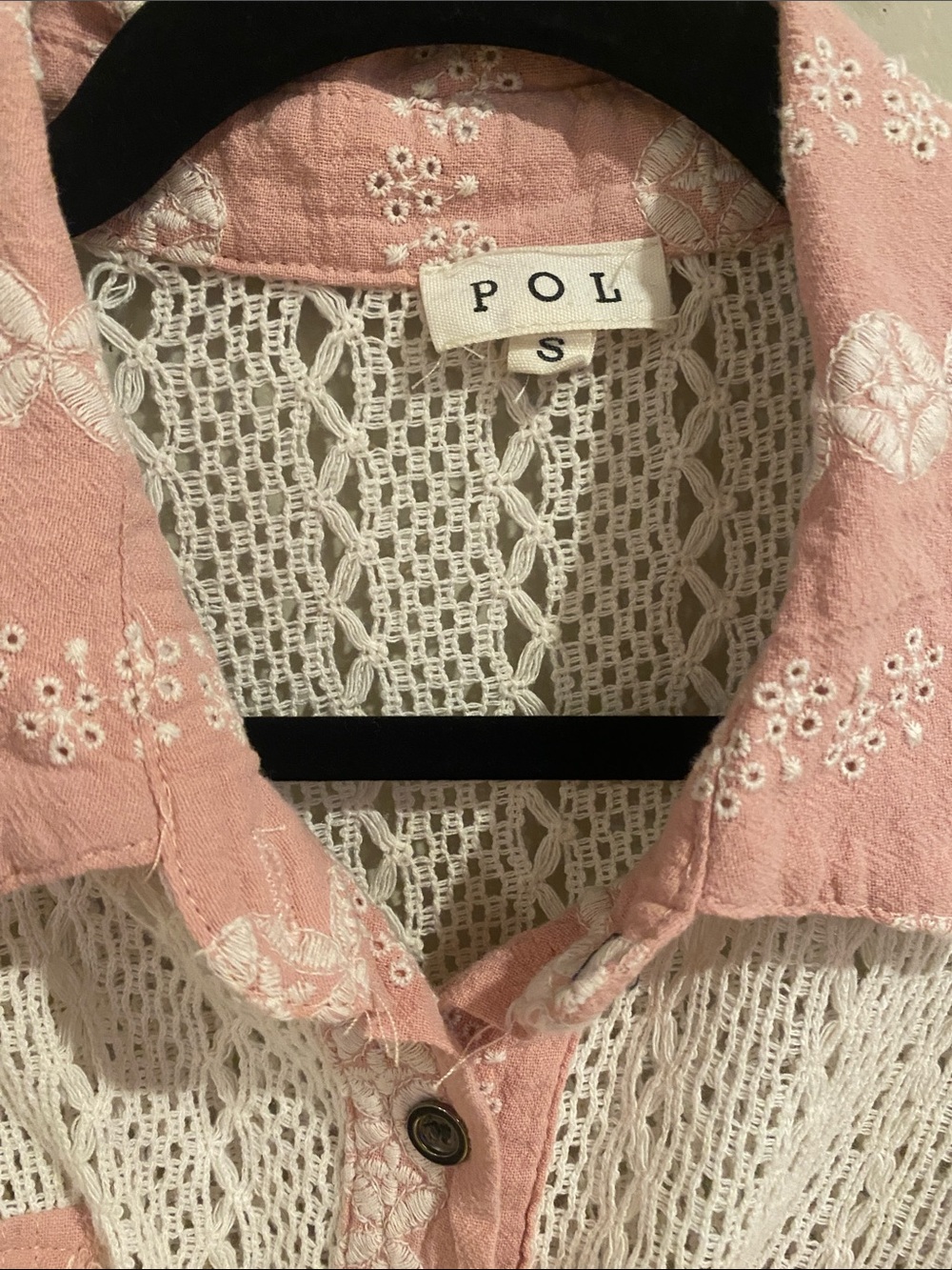 POL Pink and Cream Crochet Panel Shirt Sz. SM Oversized PTP 21 Length 22 - Picture 2 of 5